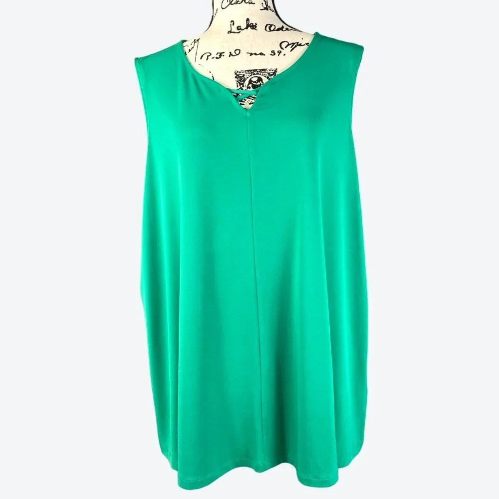 Catherines 18/20 Green V-Neck Criss-Cross Blouse Sleeveless EUC